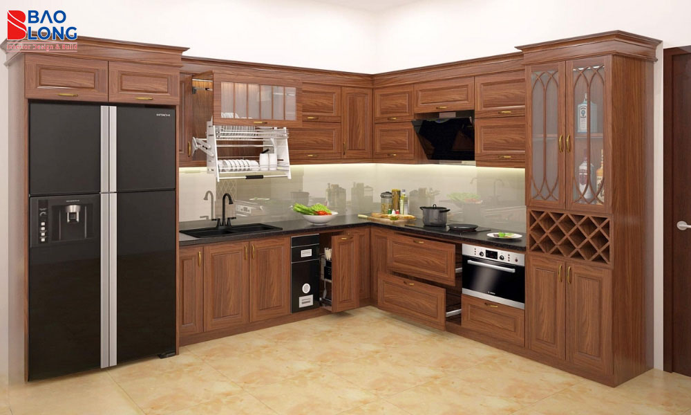 Mẫu tủ bếp chữ L gỗ tự nhiên cao cấp