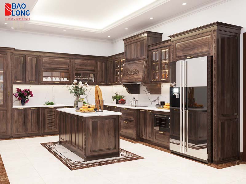 Thi công tủ bếp chữ L gỗ óc chó chuyên nghiệp