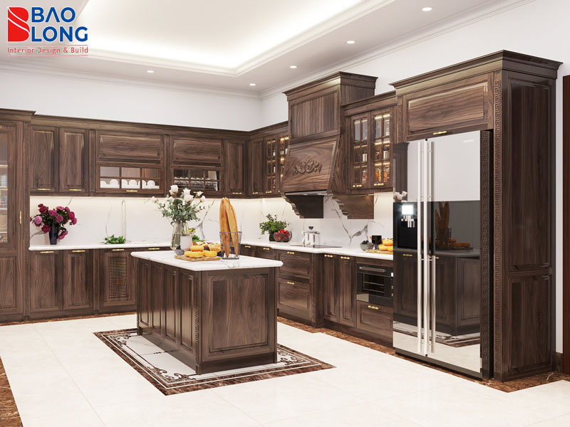 mẫu tủ bếp chữ L gỗ óc chó sang trọng