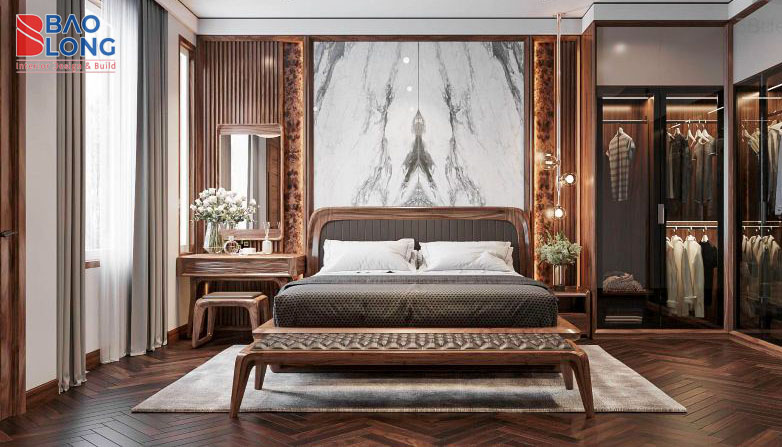 Phòng ngủ phong cách Modern Luxury – gỗ óc chó, ánh vàng sang trọng
