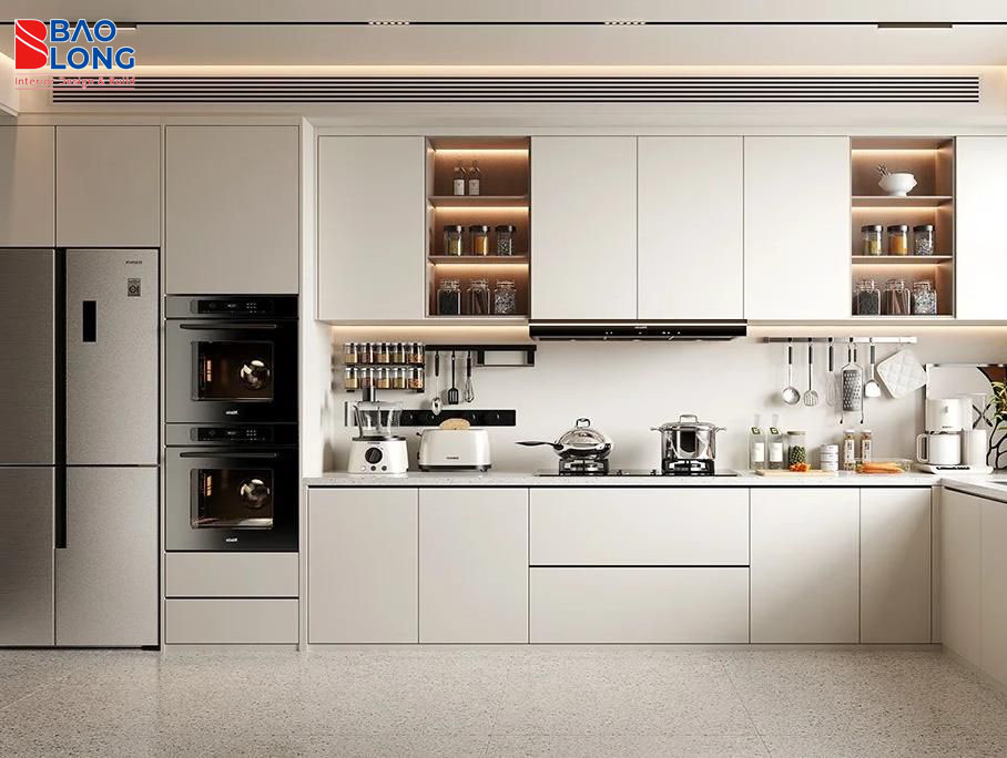tủ bếp kịch trần màu trắng tiết kiệm không gian
