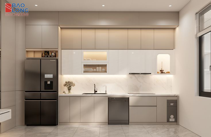 phòng bếp nhỏ gọn gàng với đèn led âm trần