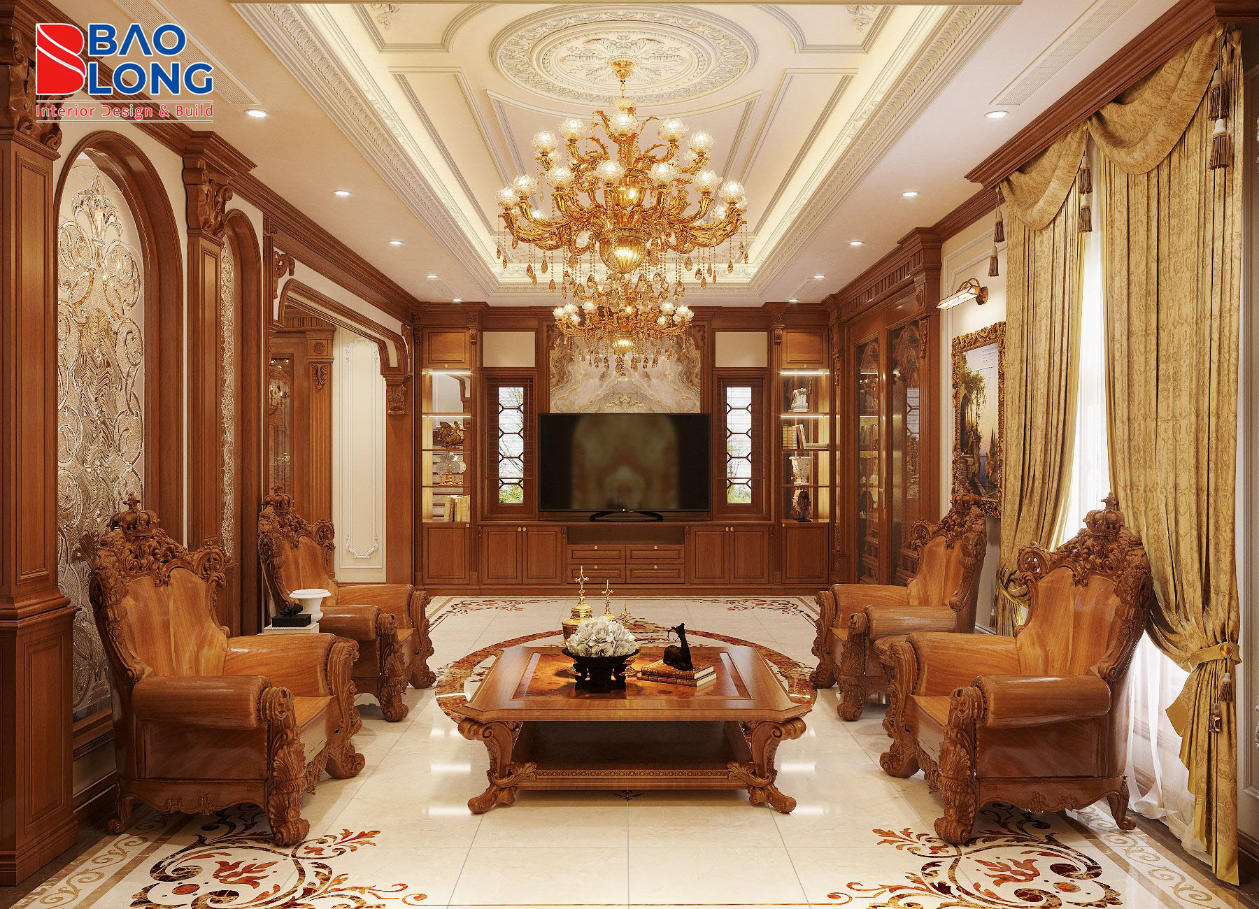 Mẫu phòng khách sử dụng gỗ tự nhiên cao cấp