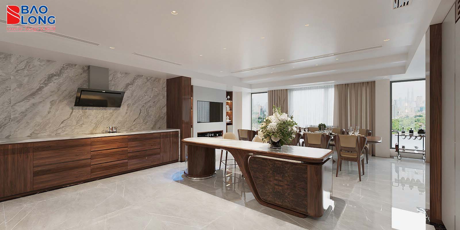 Phòng bếp dùng gỗ tự nhiên kết hợp mặt đá