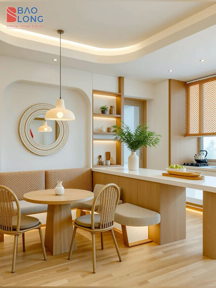 Không gian phòng ăn màu trắng – gỗ sáng.