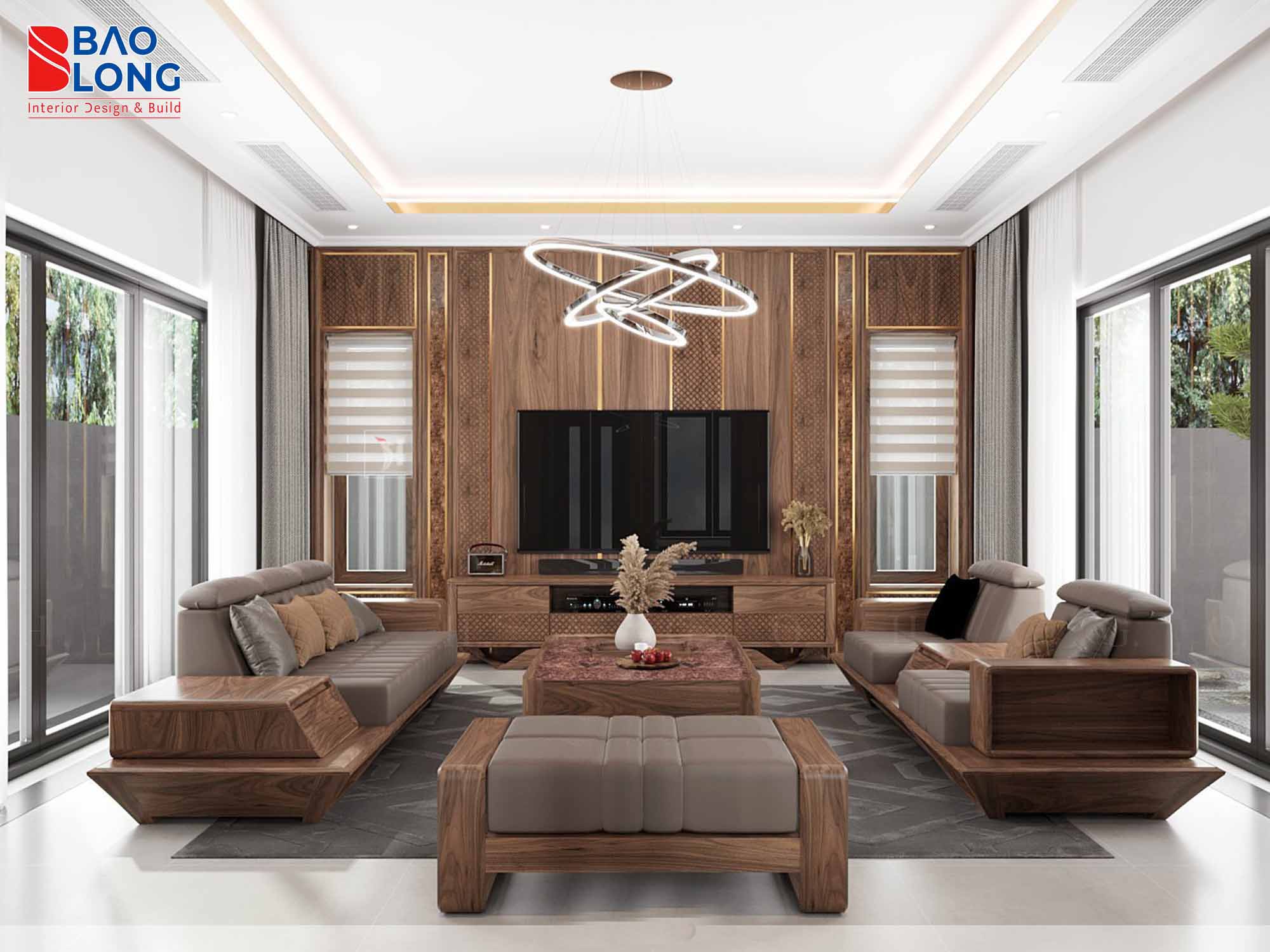 Mẫu sofa gỗ óc chó sang trọng, phù hợp với phòng khách cao cấp