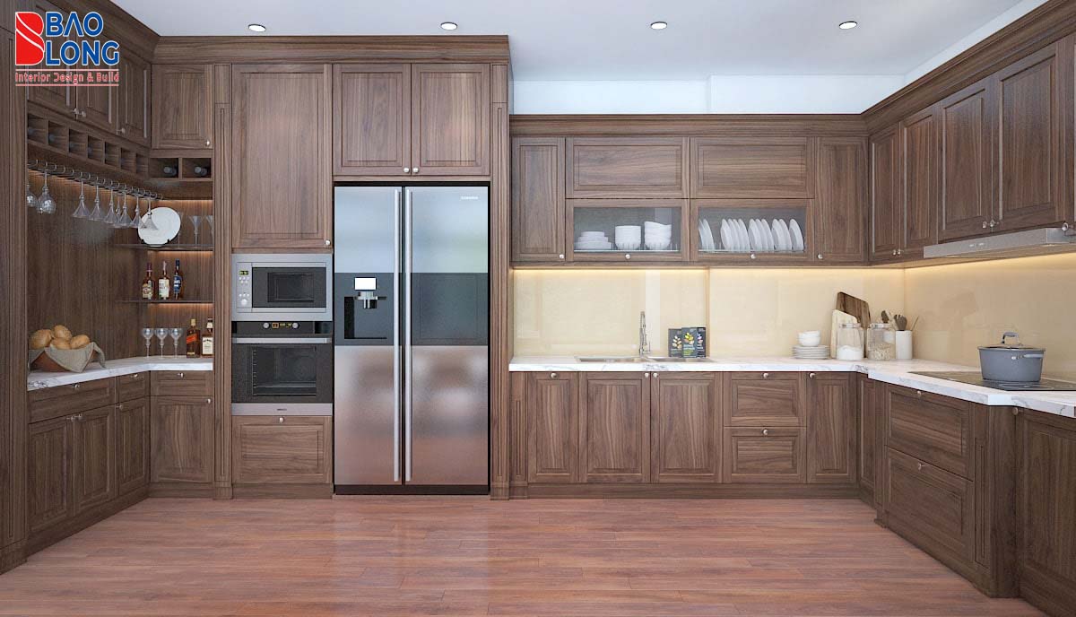 Thiết kế tủ bếp gỗ óc chó hiện đại, tinh tế
