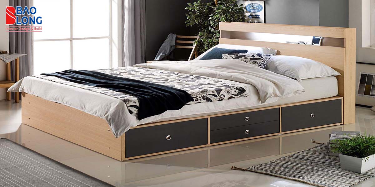 Mẫu giường hộp gỗ tự nhiên với ngăn kéo tiện dụng