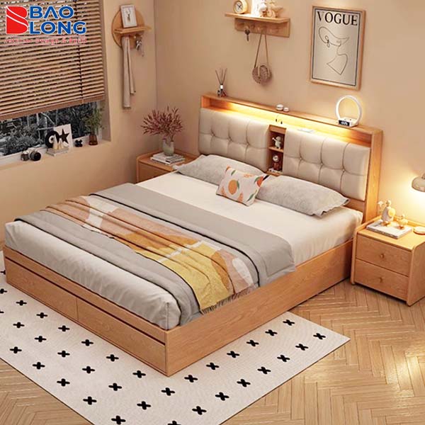 Giường ngủ gỗ sồi Nga với đầu giường bọc nệm sang trọng