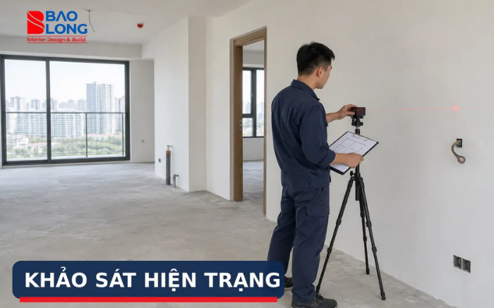 Ảnh nhân sự đo đạc căn hộ hoặc mặt bằng hiện trạng.
