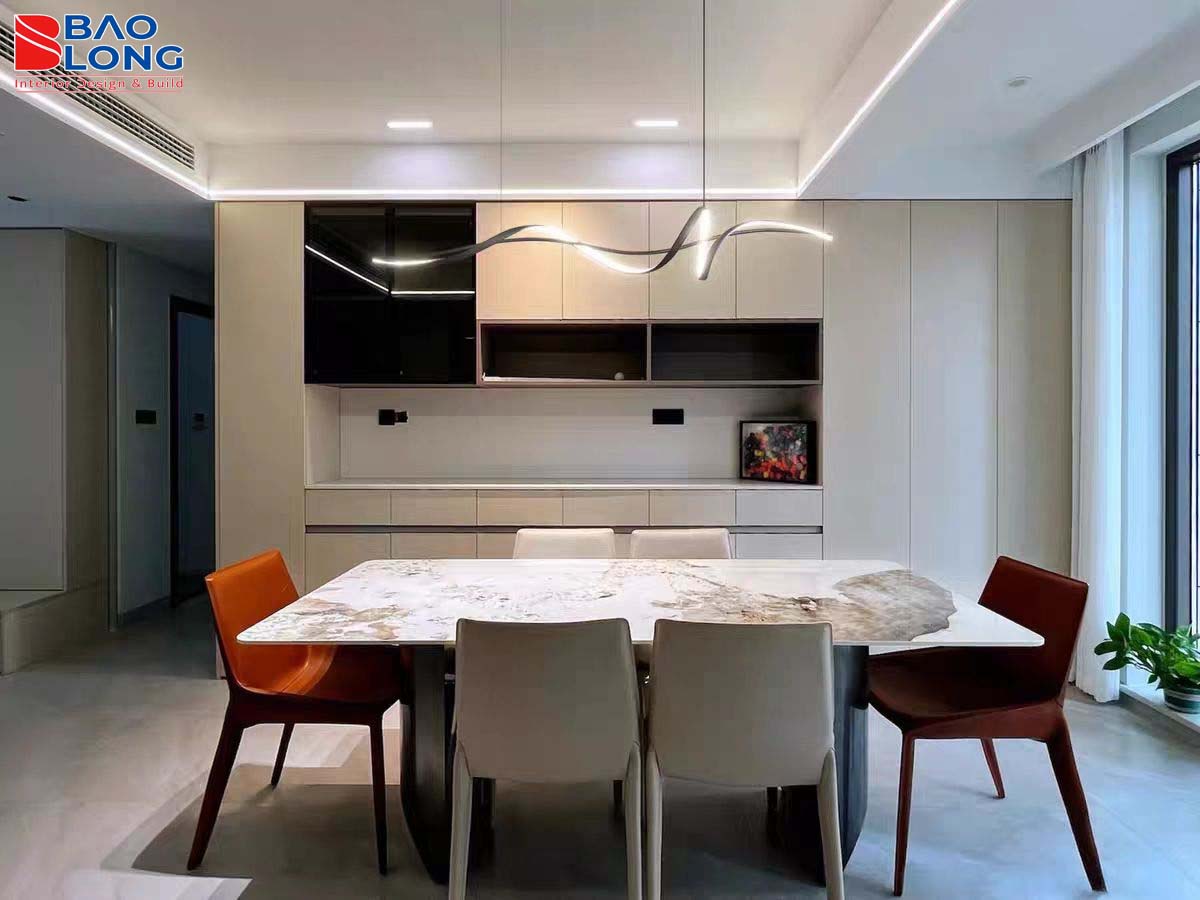 Bàn đảo bếp hình chữ nhật dài kết hợp đèn thả trang trí
