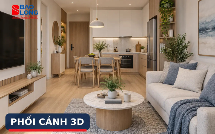 Phối cảnh 3D phòng khách – bếp hoặc phòng ngủ.