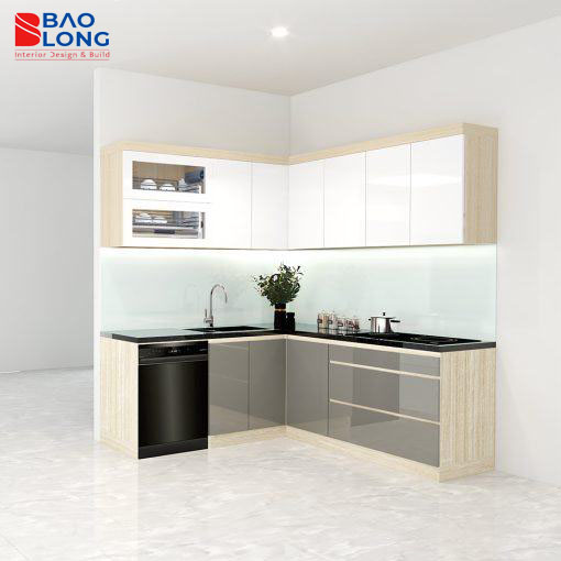 Mẫu tủ bếp chữ L acrylic dành cho nhà phố nhỏ gọn