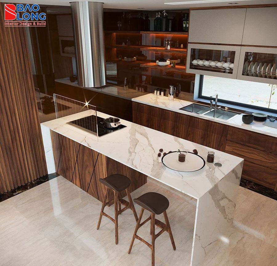 Tủ bếp acrylic kết hợp đảo bếp đa năng cho căn hộ hiện đại