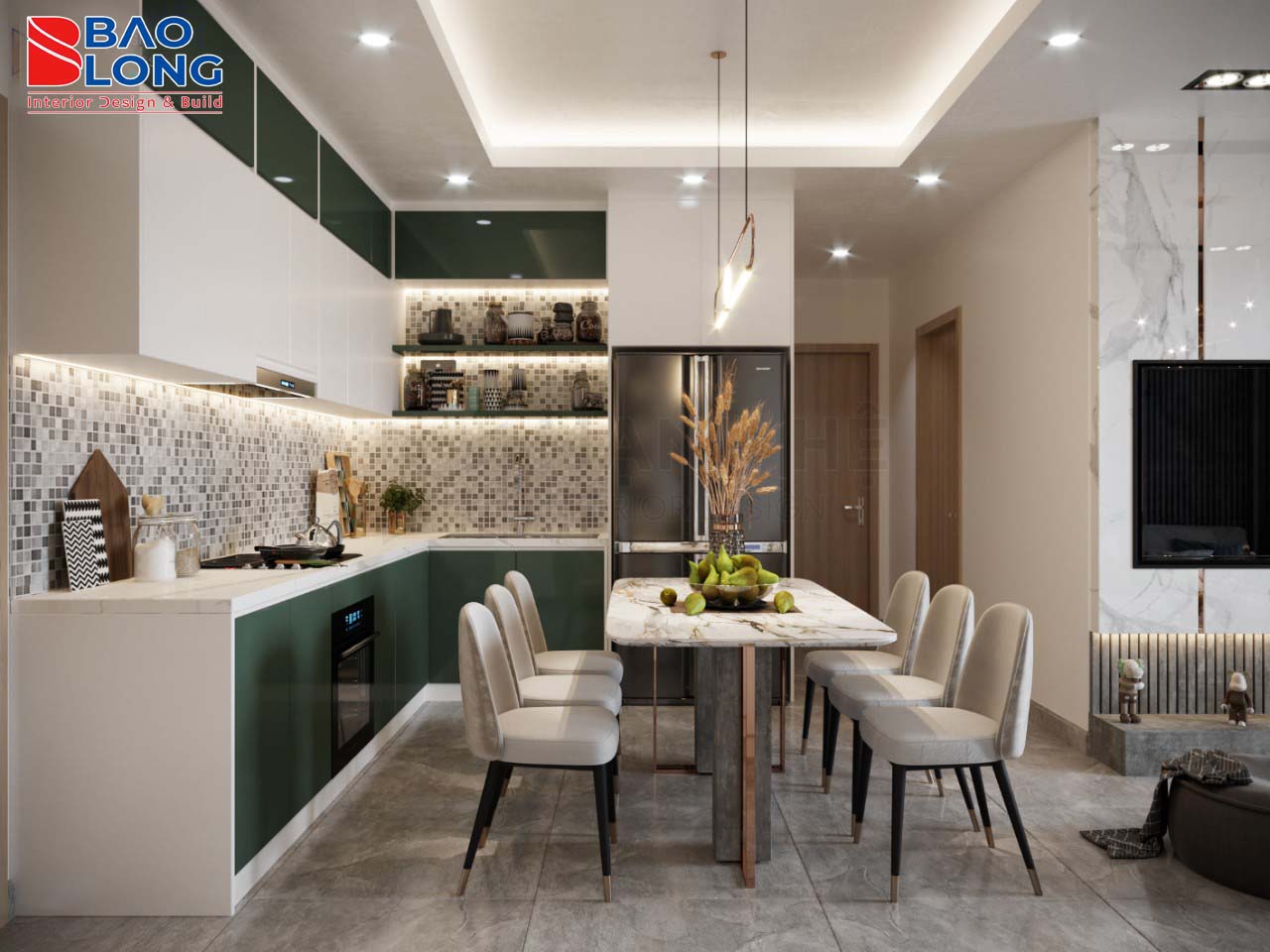 Kết hợp bàn ăn nhỏ và tủ bếp acrylic cho căn hộ studio