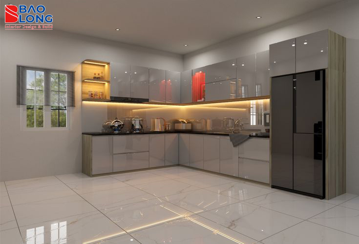 8. Mẫu tủ bếp acrylic bóng gương mang đến vẻ sang trọng, hiện đại