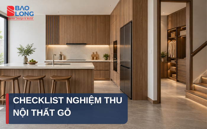 Ảnh toàn cảnh khu vực nội thất gỗ đã hoàn thiện trước khi nghiệm thu.