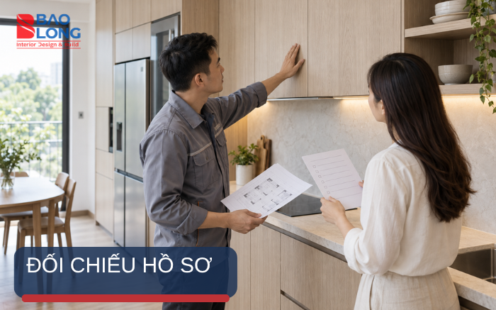 Ảnh gia chủ hoặc kỹ thuật viên đối chiếu bản vẽ, báo giá và mẫu vật liệu tại công trình.