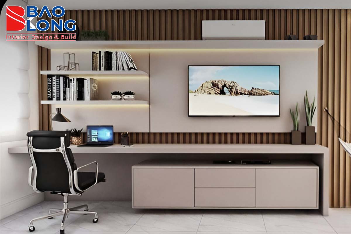 Kệ tivi treo tường kết hợp bàn làm việc tiện dụng cho căn hộ studio