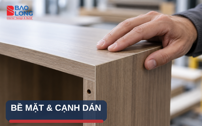 Quan sát dưới nhiều góc sáng để phát hiện trầy xước, bong cạnh hoặc mối nối chưa gọn.