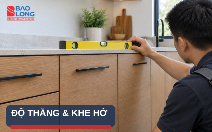 Ảnh kiểm tra tủ bếp và vị trí tiếp giáp với nước, điện, đá hoặc thiết bị.
