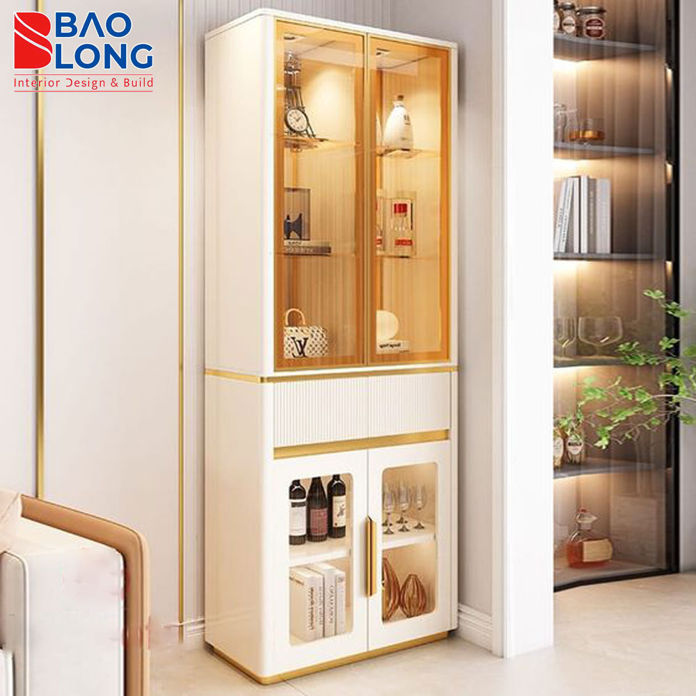 Tủ rượu góc tường thiết kế mở, kết hợp kệ trang trí hiện đại.