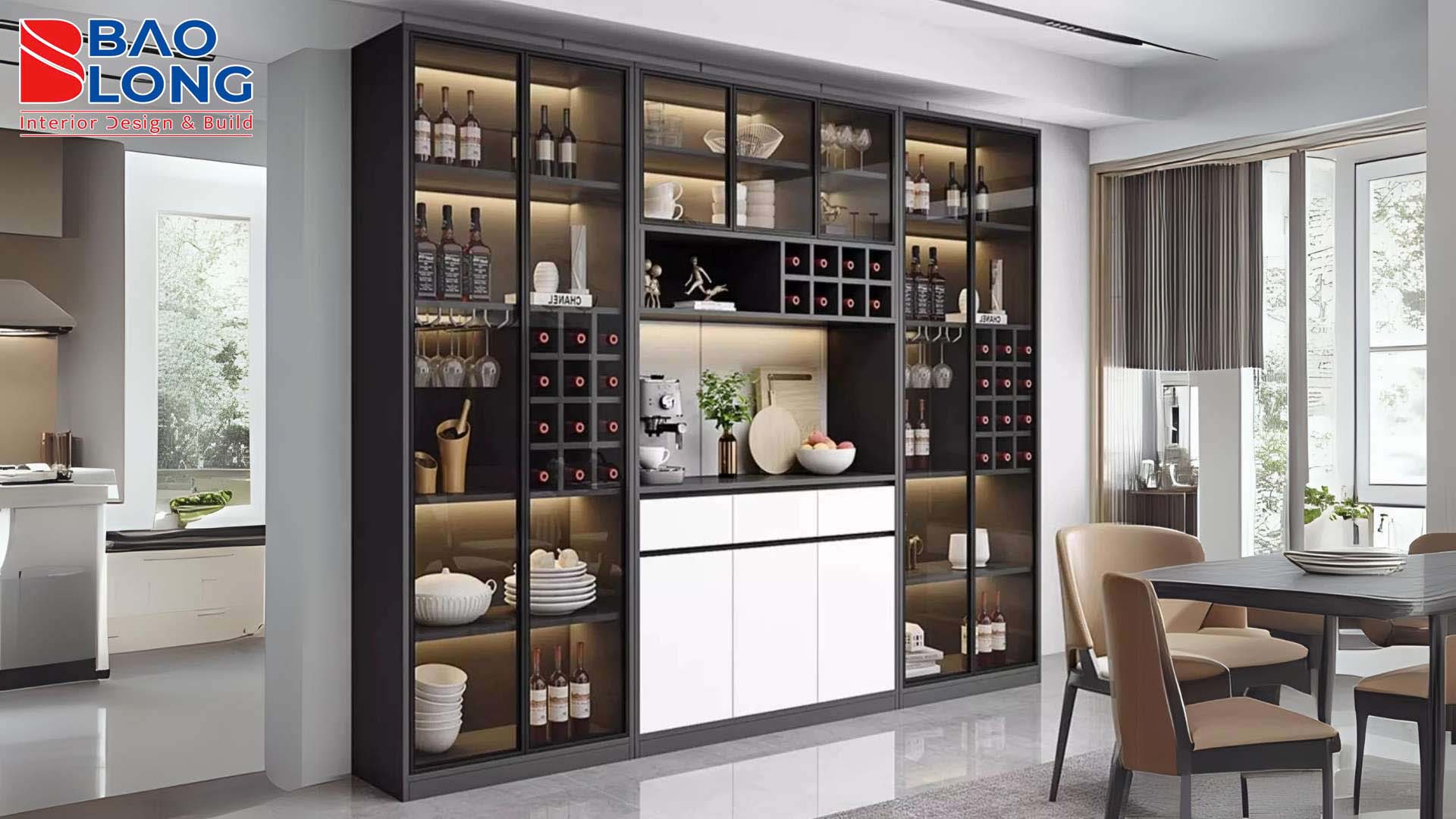 Tủ rượu góc kết hợp tủ ly, tối ưu chức năng lưu trữ.