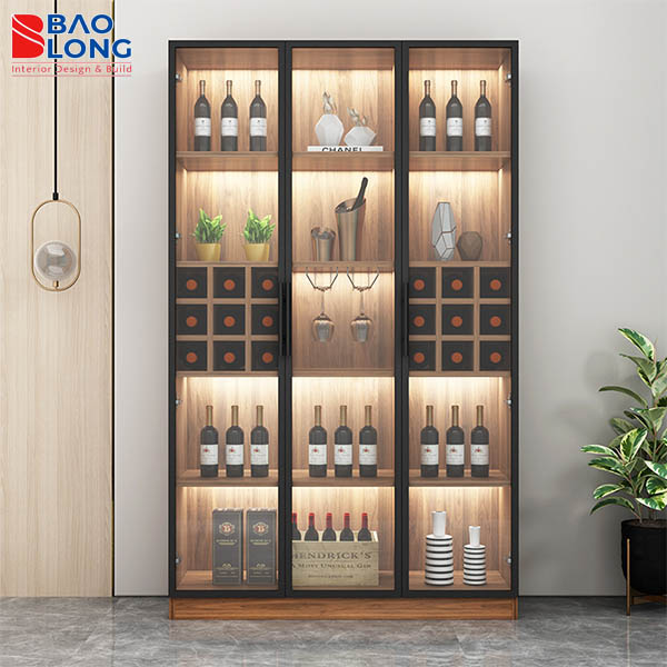 Tủ rượu dáng đứng, màu vân gỗ sáng, hài hòa nội thất.