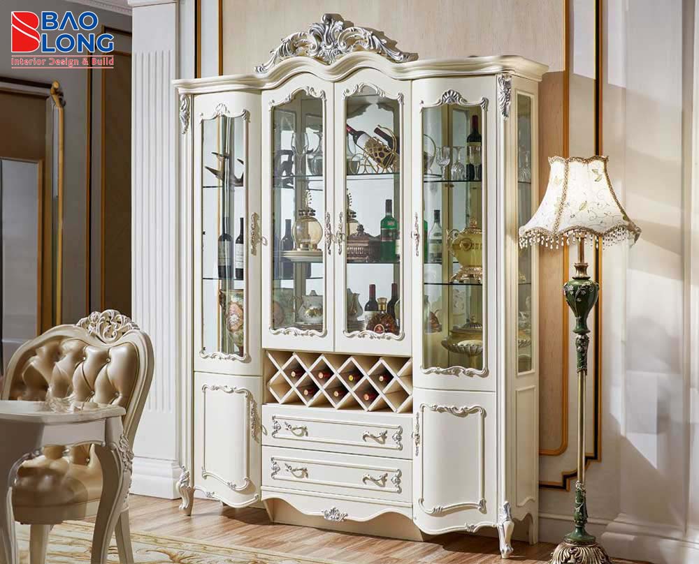 Tủ rượu gỗ tự nhiên với đường nét tân cổ điển nổi bật.
