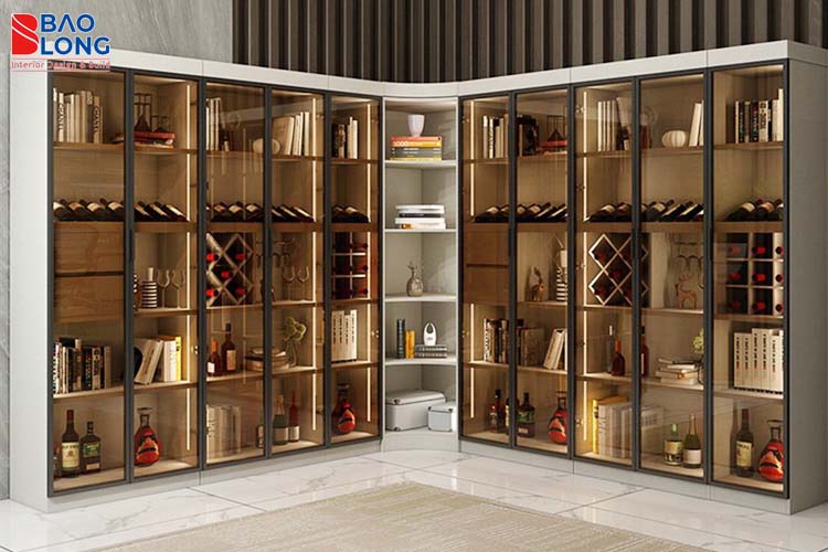 Mẫu tủ góc kết hợp kính và đèn, phù hợp căn hộ cao cấp