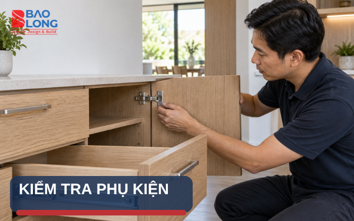Ảnh vận hành thử ngăn kéo, ray trượt và phụ kiện nội thất.