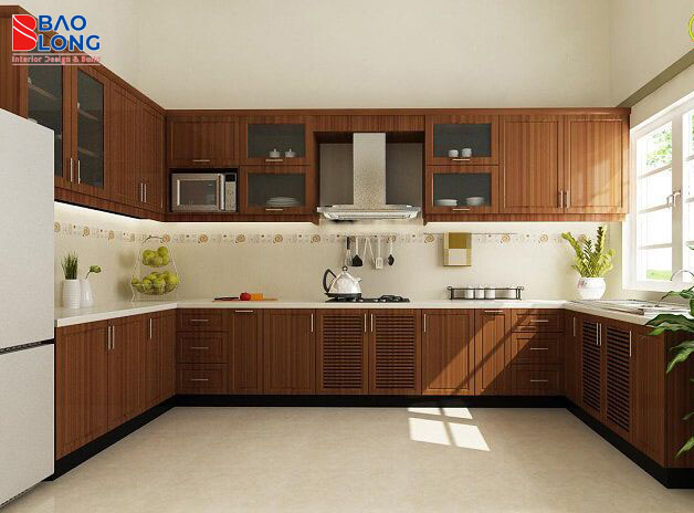 Tủ bếp gỗ công nghiệp chữ U giúp tối ưu không gian lưu trữ