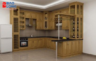 Tủ bếp gỗ công nghiệp kết hợp tủ rượu tinh tế.