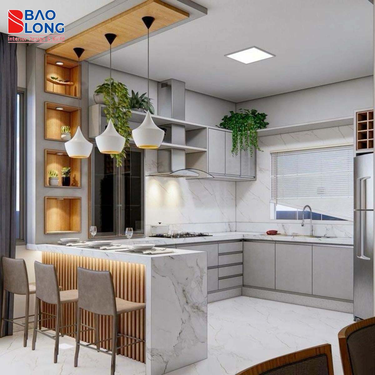 Thiết kế tủ bếp gỗ công nghiệp màu trắng thanh lịch, phù hợp không gian nhỏ