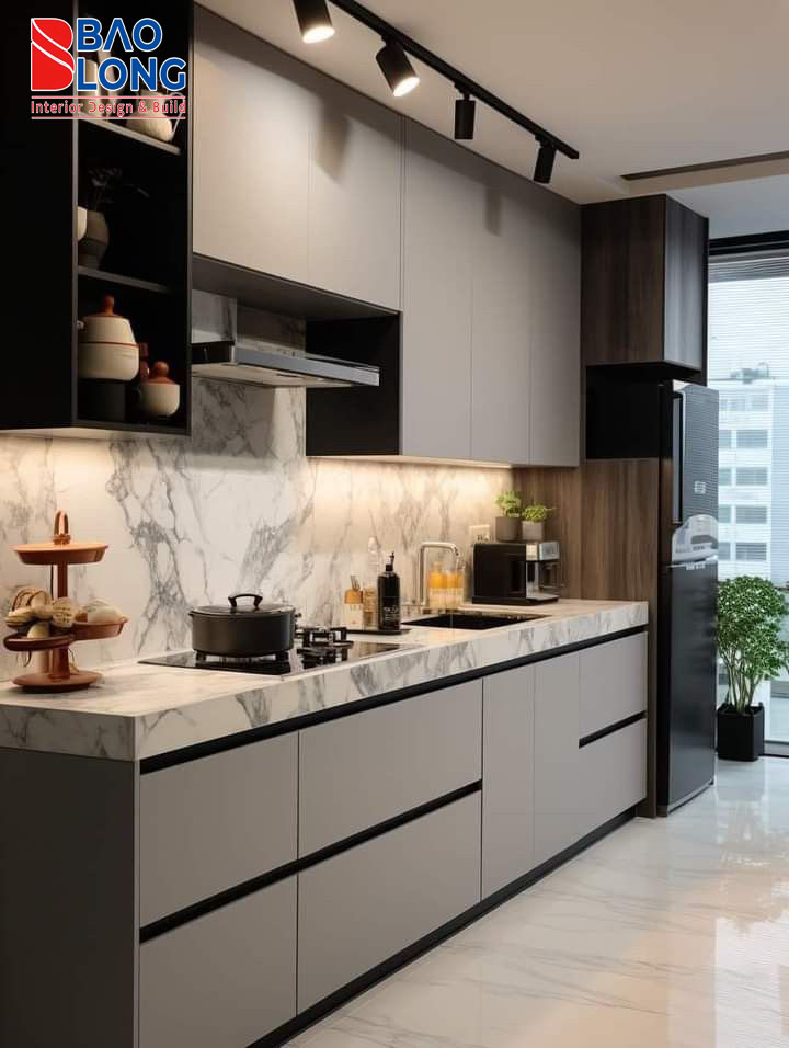 Mẫu tủ bếp gỗ công nghiệp phong cách tối giản, dễ lau chùi