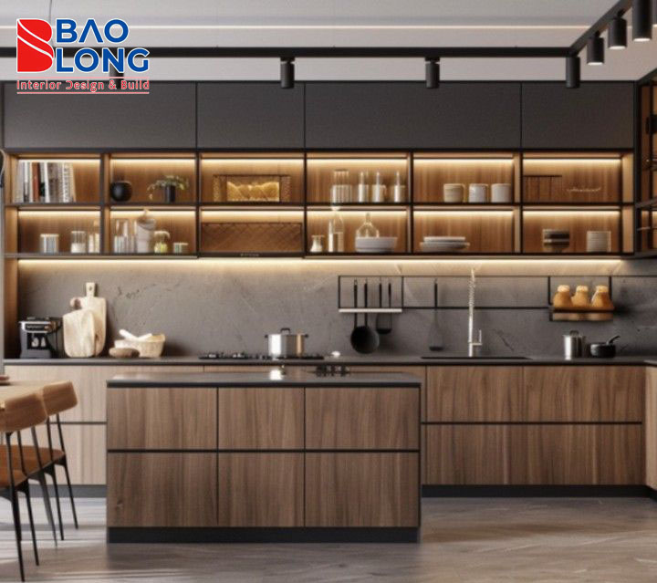 Tủ bếp nhôm cánh kính – thiết kế hiện đại, sang trọng.