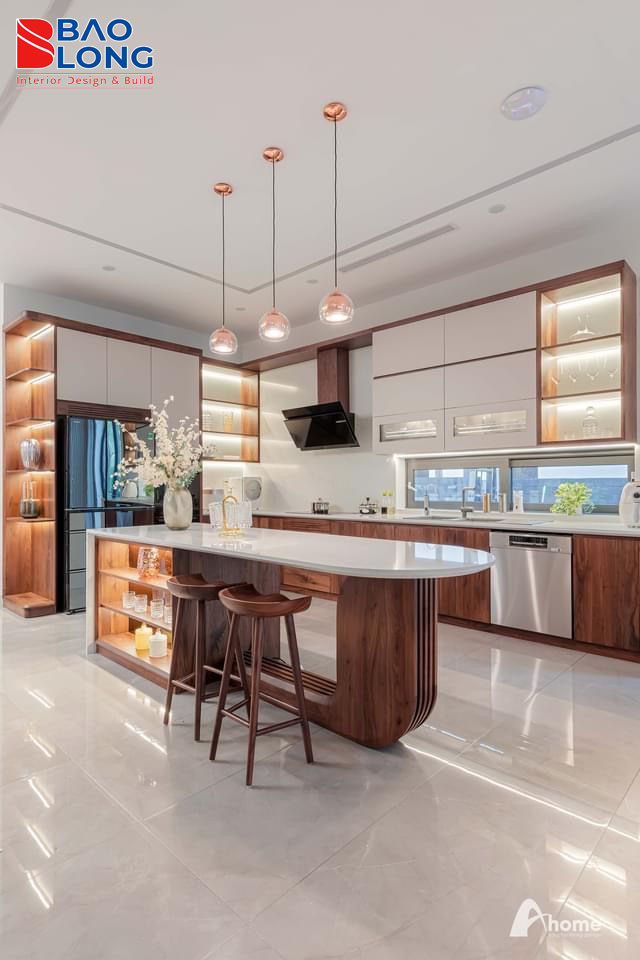 Thiết kế tủ bếp nhôm cánh kính với hệ thống đèn LED hiện đại