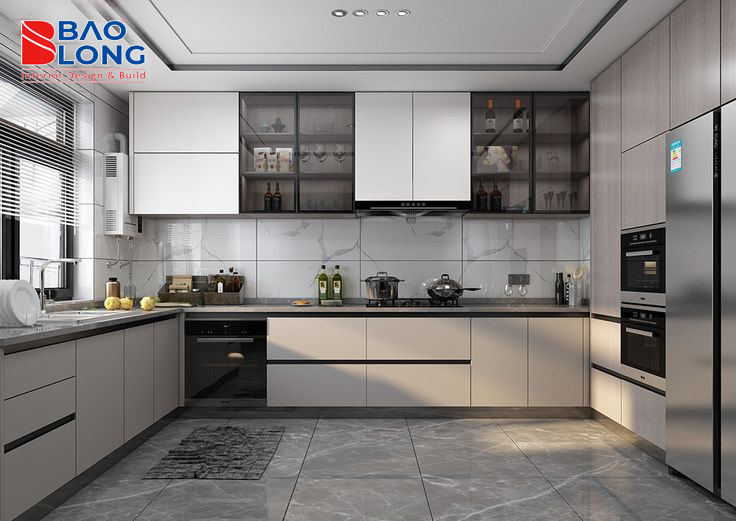 Tủ bếp nhôm kết hợp kính mờ tạo không gian bếp tinh tế