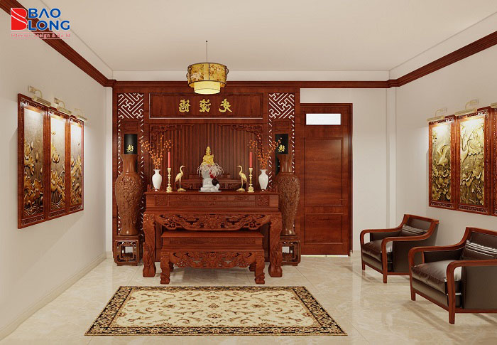 Tủ thờ gỗ gõ đỏ chạm khắc tinh xảo, mang nét trang nghiêm cho phòng thờ