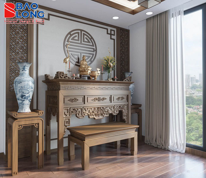 Tủ thờ gỗ tự nhiên cỡ lớn dành cho biệt thự, phong cách cổ điển.