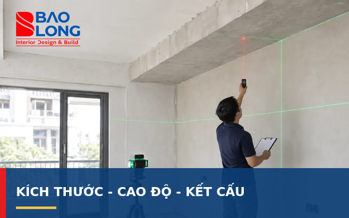Ảnh đo tường, góc, trần, sàn và các điểm bất thường của hiện trạng.